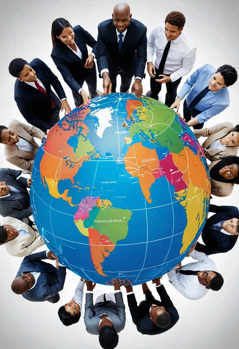 A visually striking globe surrounded by diverse, multicultural business professionals shaking hands, with digital networking lines connecting them, symbolizing global connectivity. In the background, iconic buildings from major cities worldwide and various flags representing different countries. The atmosphere should convey a sense of collaboration and innovation in the business world. super-realistic. vibrant colors. white background.
