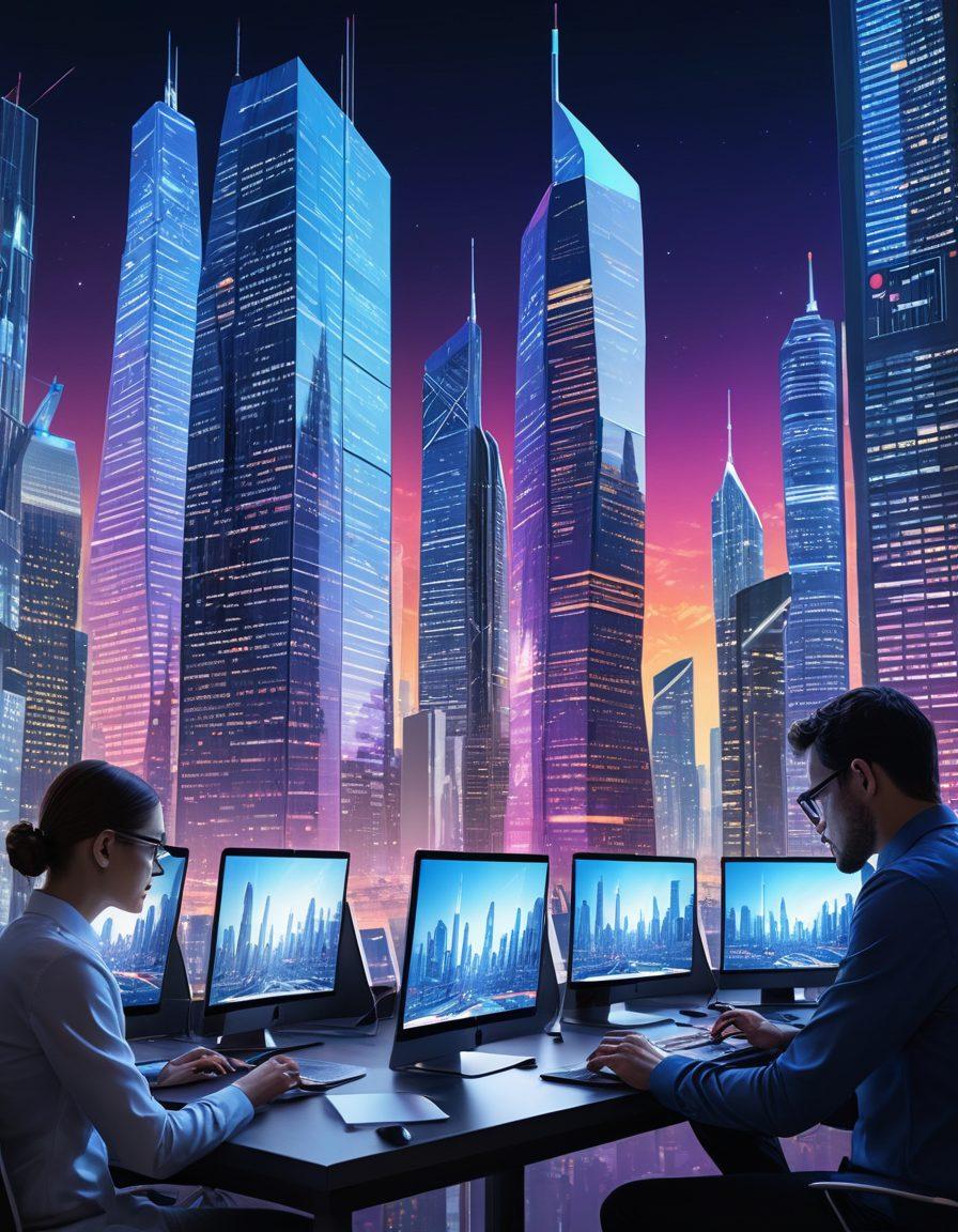 A futuristic city skyline representing global business, with various digital tools and icons like graphs, laptops, and smartphones integrated into the architecture. In the foreground, diverse professionals collaborating over digital devices, symbolizing teamwork in international markets. Bright, vibrant colors to convey energy and competitiveness in the marketplace. super-realistic. vibrant colors. digital art.